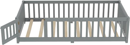 Harper & Bright Designs Twin Floor Bed Frame with Safety High Fence, Wood Montessori Bed with Door, Twin Size Floor Beds with Solid Wood Support Slats for Boys, Girls, Kids, Gray