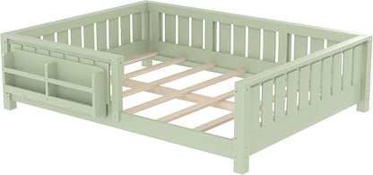 Bellemave Full Size Floor Bed with Slats and Safety Guardrail, Full Size Montessori Floor Bed with Fence and Built-in Bookshelf, Easy Assemble Montessori Beds for Kids, Girls, Boys, Green