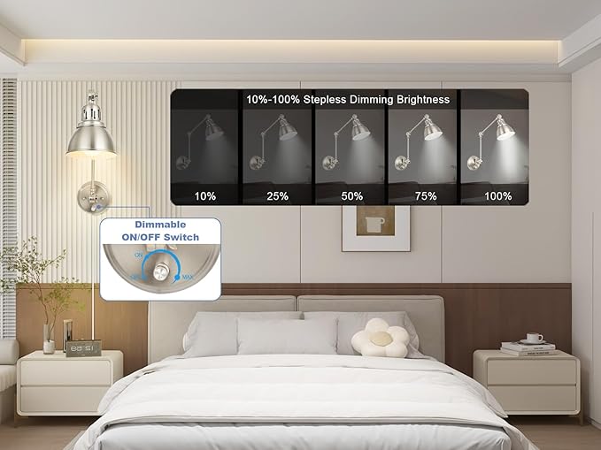 2 Pack Plug in Wall Sconces, Dimmable On Off Switch, Swing Arm Wall Lamps