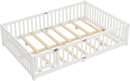 Harper & Bright Designs Queen Floor Bed Frame with Safety High Fence, Wood Montessori Beds with Door, Floor Bed Queen with Solid Wood Support Slats for Boys, Girls, Kids, White