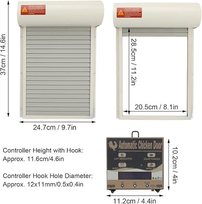Solar Powered Chicken Coop Door, Automatic Electric Poultry Door Opener with Timer and Remote Control for Home and Farm Use (White)