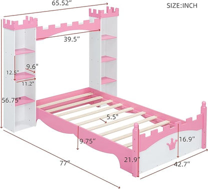 Castle-Shaped Wooden Platform Bed with Storage Shelf, Dreamy Twin Size Kids Platform Bed for Girls Boys Bedroom, Sturdy Slats Support (White+Pink Castle)