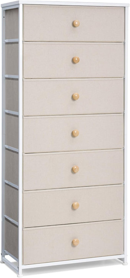 Crestlive Products Tall Dresser, 7-Drawer Wide Fabirc Storage Tower, Chests of Drawers - Vertical Organizer Unit for Bedroom, Hallway, Entryway, Nursery, Wood Top, Closets with Handles (Beige)