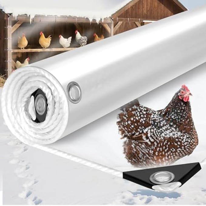 6x10 ft Winter Chicken Cover with Heavy Duty PVC Construction, Transparent for Sunlight, Metal Eyelets and Double Stitched Edges for Stability