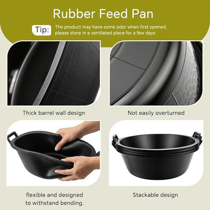 4Pcs Large Rubber Feeder Pan, 8.6 Gallon Horse Feed Bucket Water Bowl, Heavy Duty Horses Feed Bucket Dog Bowl Horse Feeder Pan for Cats Dogs Goats Chicken Dust Bath Container Farm Animal Feeding