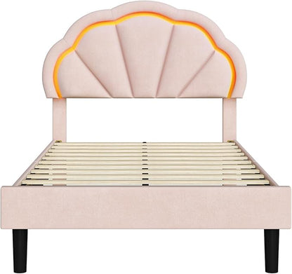 HIFIT Twin Upholstered Smart LED Bed Frame with Adjustable Chic Petal Headboard, Princess Twin Size Platform Bed Frames for Kids/Girls, Wooden Slats Support, No Box Spring Needed, Easy Assembly, Pink