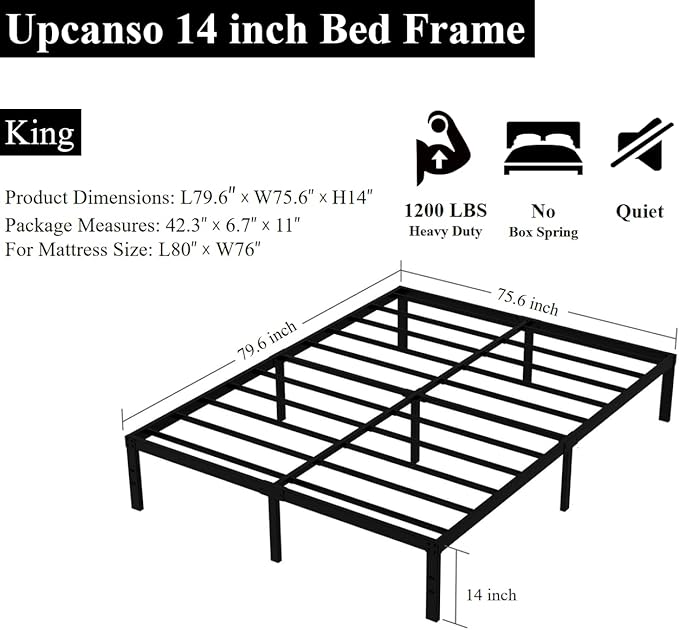 King Bed Frame No Box Spring Needed, 14 Inch Heavy Duty King Platform Bed Frame, 1200lbs Steel Slats Support, Easy Assembly, Black