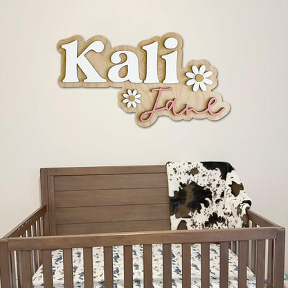 Personalized Wooden Nursery Name Sign, Custom Baby Room Wall Decor with Daisy Flowers, Kids Bedroom Name Plaque, Playroom or Newborn Gift, Keepsake Gift Sign for Boys & Girls