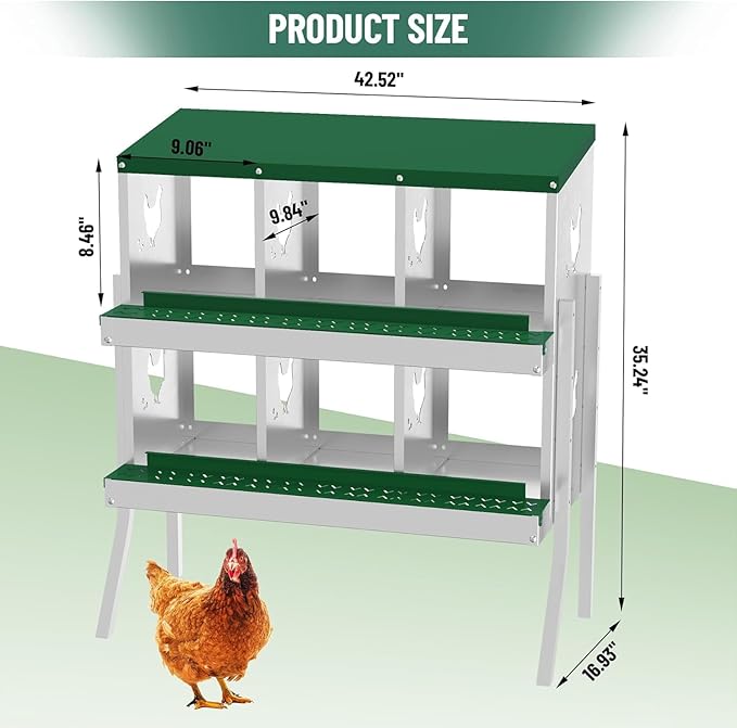 Chicken Nesting Box, 6 Holes Steel Chicken Nesting Boxes for Chicken Coop, Large Vented Holes Chicken Laying Boxes with Rollout Egg Collection, Wall Mount/Free Standing for Chickens, Hens