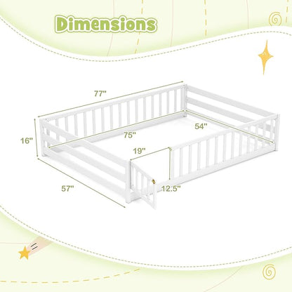 KOMFOTT Full Size Wood Floor Bed with Door & Fence, Montessori Bed Frame with Full Length Safety Guardrails, Door & Latch, Wooden Montessori Floor Bed for Kids, Girls, Boys (Full,White)