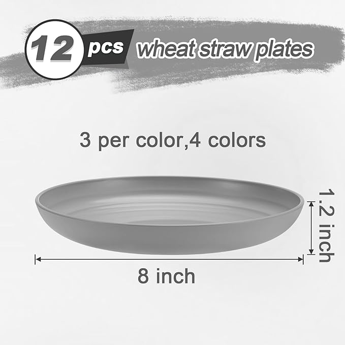 12 Pcs Unbreakable Deep Dessert Plates Set, 8 inch Reusable Plastic Wheat Straw Plates, Microwave and Dishwasher Safe Plate for Kitchen, Lightweight Plate for Dessert, BPA Free, 4 Colors