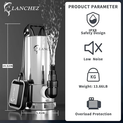 LANCHEZ 1.6HP 5500GPH Stainless Steel Sump Pump, High Flow Submersible Water Pump with Float Switch, Automatic Transfer Water Pump for Pool Basement Flooded Pit Sewage Sink Tub