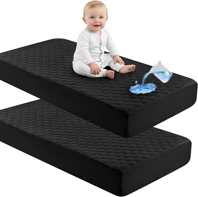 david's kids 2 Pack 52''x28'' Waterproof Crib Mattress Protector Pad Cover Stretch up to 8", Fitted Standard Crib and Toddler Mattresses, Soft and Breathable for Boys Girls, Machine Washable, Black
