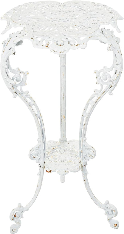 Sungmor Heavy-duty Cast Iron Plant Stand Patio Side Table, 15.3" Wide 27.5" Tall 2-layer Potted Pedestal, Vintage Rust White Planter Holder, Elegant Victorian Style Indoor Outdoor Decorative Pot Stand