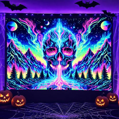 Blacklight Tapestry Skull Mountain Neon Wall Art 78 x 59 Inch