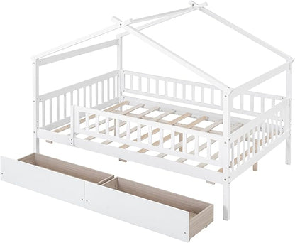 Full House Bed with 2 Storage Drawers, Kids Full Bed Frame with Rails and Roof, Tent Bed, Wooden Full Daybed, Full Montessori Bed for Kids Teens Girls & Boys, No Box Spring Needed (White)