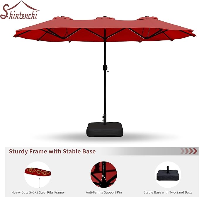 Shintenchi 16FT Large Patio Umbrella with Base, Outdoor Double-Sided Rectangular Umbrella, Market Umbrella with Crank Handle for Poolside Lawn Garden, Red