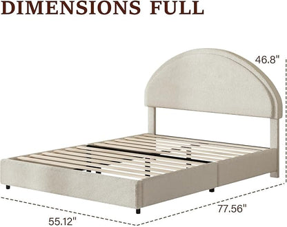 Full Size Bed Frame with Round Headboard, Upholstered Platform Bed Frame, Boucle Soft Bed Frame, Modern Style, No Box Spring Required, Easy Assembly, White