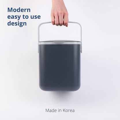 Blue Ginkgo Kitchen Compost Bin [5L / 1.32 GAL] – Filter-Free, Odor-Tight Countertop Food Waste Pail with Handles (Made in Korea, Gray)