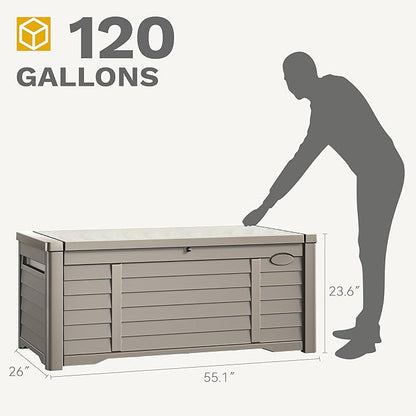 DWVO 120 Gallon Outdoor Storage Box, Large Resin Deck Box with Louver Design, Lockable Patio Storage Bin for Indoor and Outdoor Use, Pillows, Tools, and Pool Supplies -Light Brown