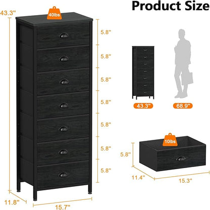 Furnulem Bedroom Dresser, Tall Chests of Drawers with 7 Fabric Bins, Black Organizer in Closet, Dorm, Living Room, Nursery, Hallyway-Storage Tower Unit, Sturdy Steel Frame