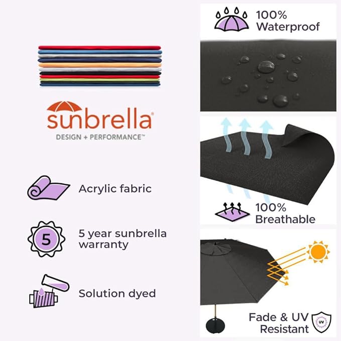 Midtown Umbrellas The Swilt 9 Feet Patio Umbrella in Sunbrella Black Acrylic Fabric - Fiberglass Ribs, Auto-Tilt Aluminum Frame For Backyard, Deck, Garden, Pool - White Pole
