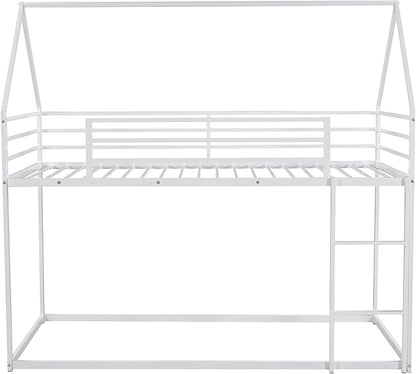 MERITLINE Metal Bunk Bed Twin Over Twin Size House Shaped Bunk Bed Frame Low Bunk Beds for Kids and Toddlers, Twin Size