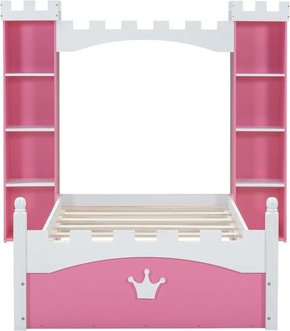 Castle-Shaped Wooden Platform Bed with Storage Shelf, Dreamy Twin Size Kids Platform Bed for Girls Boys Bedroom, Sturdy Slats Support (Pink+White Castle)