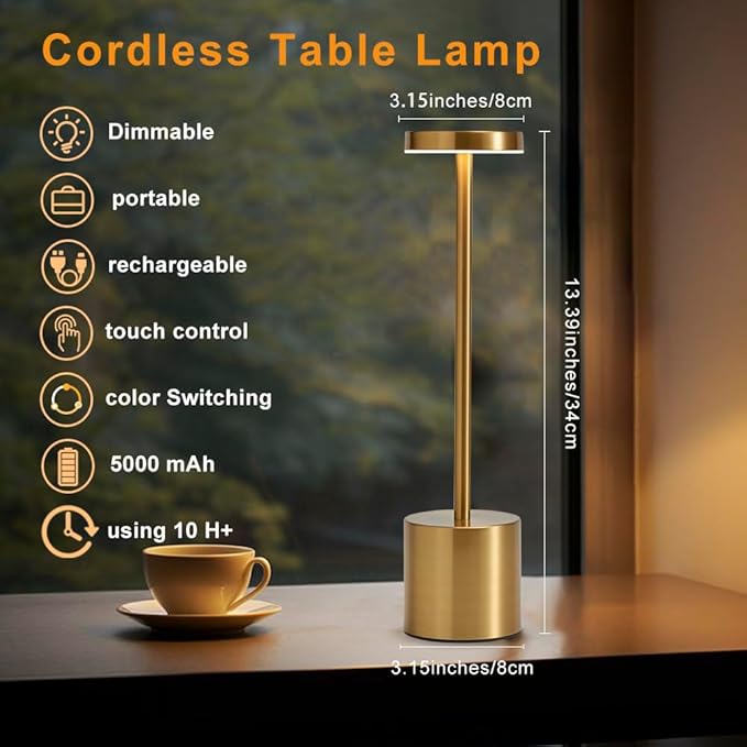 2 Pack LED Cordless Table Lamp, Portable 5000mAh Rechargeable Bedside Lamp
