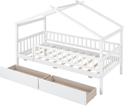 Merax Twin Size Wooden House Bed with Two Drawers, Wood Bed Frame with Roof and Safety Guardrail for Kids, Teens, Boys or Girls, White
