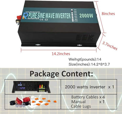 WZRELB 2000W 48V 120V Pure Sine Wave Power Inverter with 2 AC Outlets,Car Inverter
