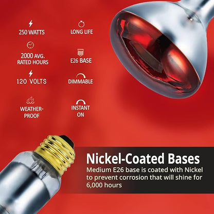 250 Watts R40 Red Heat lamp Light Bulbs Infrared Flood Reflector Incandescent Spotlight for Food Service, Brooder Bulb, Chicken, Pet, Bathroom, Light Therapy 250R40/HR Medium E26 Base 1 Pack