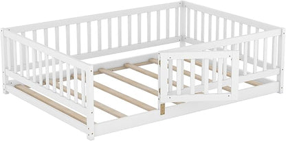 Full Size Floor Bed Frame with Door and Slats,Montessori Floor Bed with Safety Guardrails for Girls Boys,Solid Wood Kids Montessori Bed Full Size,White