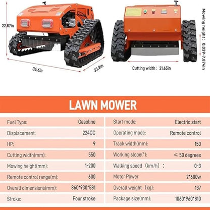 DIGMIGHT9 HP Gas RC Robotic Lawn Mower with Snow Plow - Remote Control Lawn Mower Robot, 600m Range, 21.6" Cutting Width for Slopes, Orchards & Commercial Use (Orange)