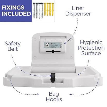 Panda Care ADA Compliant Horizontal Wall Mounted Baby Changing Station, Foldable Diaper Changing Table with Liner Dispenser and Safety Straps for Commercial and Home Use