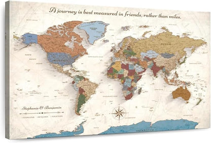 ElephantStock - Personalized Journey V Push Pin World Map Wall Art - Horizontal Canvas Wall Art - Living Room Wall Decor - Digital Art Map Canvas Art - Beige And Orange Decor - 12" x 8"
