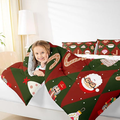 Feelyou Merry Christmas Bedding Set Soft for Boys Girls, Santa Claus Comforter Set King Size Xmas Tree Nutcracker soldier Duvet Quilt Microfiber Gingerbread Man Bedroom Decor 3 Pcs with 2 Pillow Cases