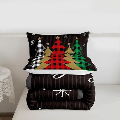 Christmas Kids Comforter Set King Size,Plaid Pine Trees Snowflake Bedding,Girls Boys Adults Bedroom/Xmas Cabin Decor,Geometric Lines Stylish Down Comforter,Rustic Colorful Duvet Insert,2 Pillowcases