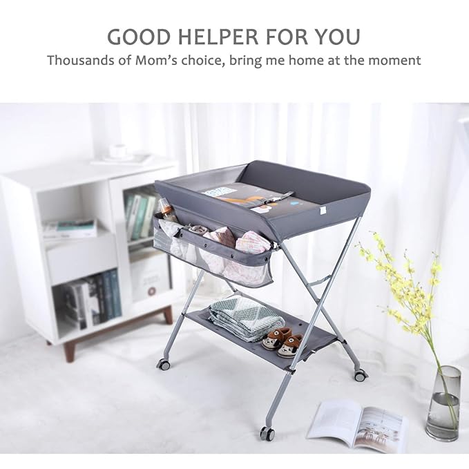 Baby Changing Table Portable Folding Diaper Changing Station with Wheels, Adjustable Height Mobile Nursery Organizer with Safety Belt and Large Storage Racks for Newborn Baby and Infant, Gray