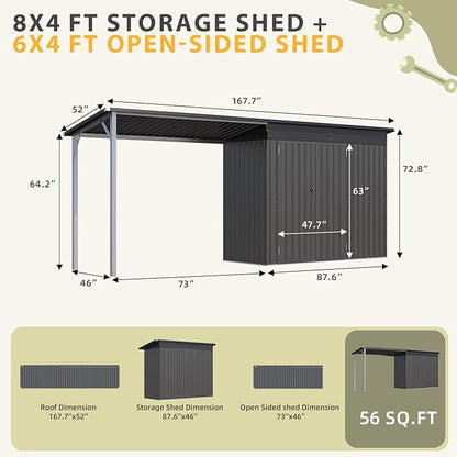 AECOJOY Outdoor Open-Sided Storage Shed Metal Shed, 8x4 Sheds & Outdoor Storage with 56 Sq. Ft Covered, 4'x8' 2-in-1 Tool Shed with Attached Hardtop Metal 6‘x4’ Gazebo