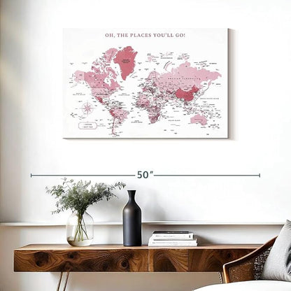ElephantStock - Places You'll Go Push Pin World Map Wall Art - Horizontal Canvas Wall Art - Living Room Wall Decor - Digital Art Map Canvas Art - White And Pink Decor - 36" x 24"