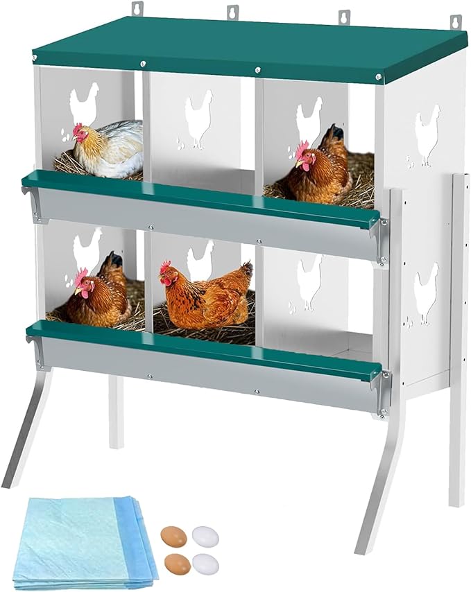 Garvee Large Metal Chicken Nesting Boxes for Hens, 6 Compartment Galvanized Steel Nesting Box with Legs, Includes 4 Fake Eggs & 10 Soft Nest Pads, Wall Mount or Freestanding for Coop & Farm