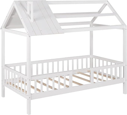 Bellemave Twin House BedFrame with Roof, Montessori Floor Bed, House Bed with Rails for Kids, White