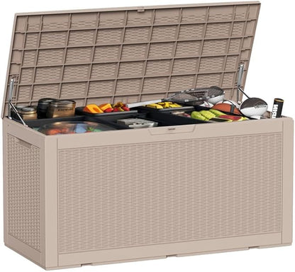 100 Gallon Waterproof Large Resin Deck Box, Lockable Storage Container for Patio Cushions, Garden Tools, Indoor & Outdoor (Brown)