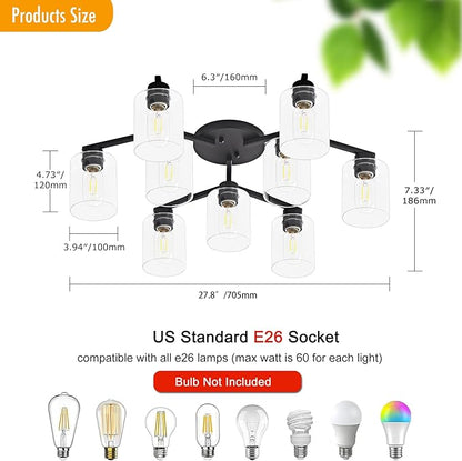 9 Light Kitchen Lighting Fixtures Ceiling Black Semi Flush Mount Ceiling Light