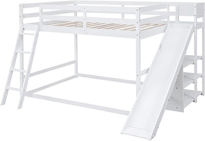 Full Over Full Bunk Bed with Ladder, Wooden Bunk Bed Frame with Slide and Shelves, Low Bunk Bed for Kids Teens Adult, Space-Saving Bedroom Dormitory Furniture (White + Pine-05)