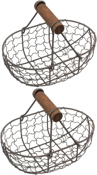 2pcs Farmhouse Style Wire Egg Basket with Wooden Handle, Small Metal Mesh Storage Basket for Kitchen Fruit, Bread, and Egg Organization in Gray Black