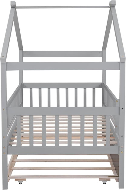 Merax Twin Size Wooden House Bed with Twin Size Trundle, Wood Bed Frame with Roof and Safety Guardrail for Kids, Teens, Boys or Girls, Grey