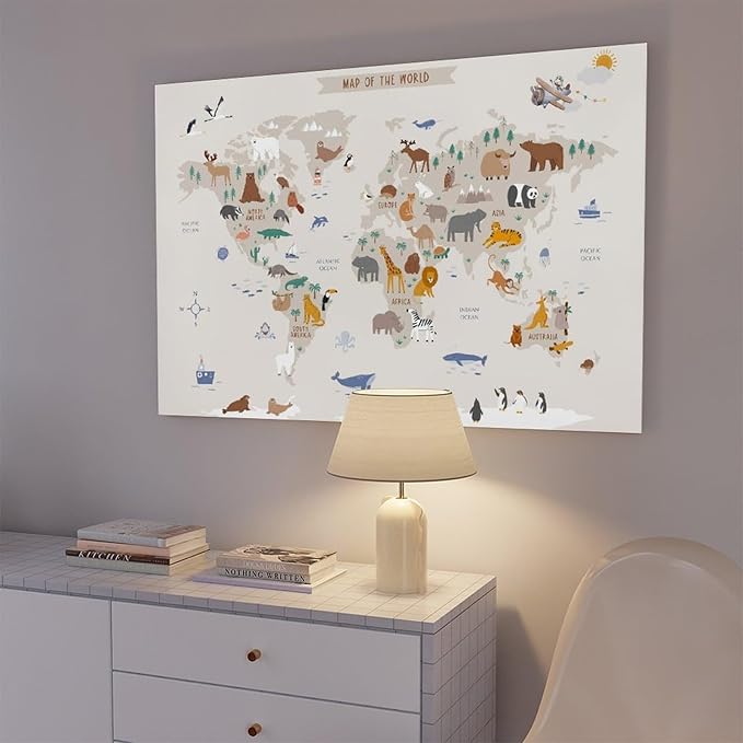 KIPNG Kids World Map - Playroom Animal World Map - Nursery Educational Poster Canvas Poster Wall Art Picture Paintings for Living Room Bedroom Decoration Unframe-style16x24inch(40x60cm)