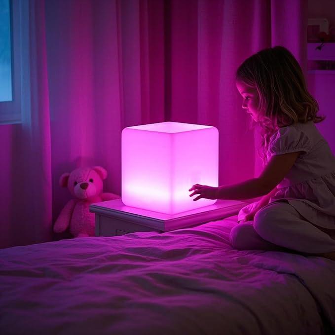 Mr.Go 12-inch Rechargeable Magic LED Light Cube Stool with Remote Control Fun Mood Lamp Soothing Night Light Decorative Lighting for Home Kids Bedside Bedroom Nightstand Nursery Pool Party